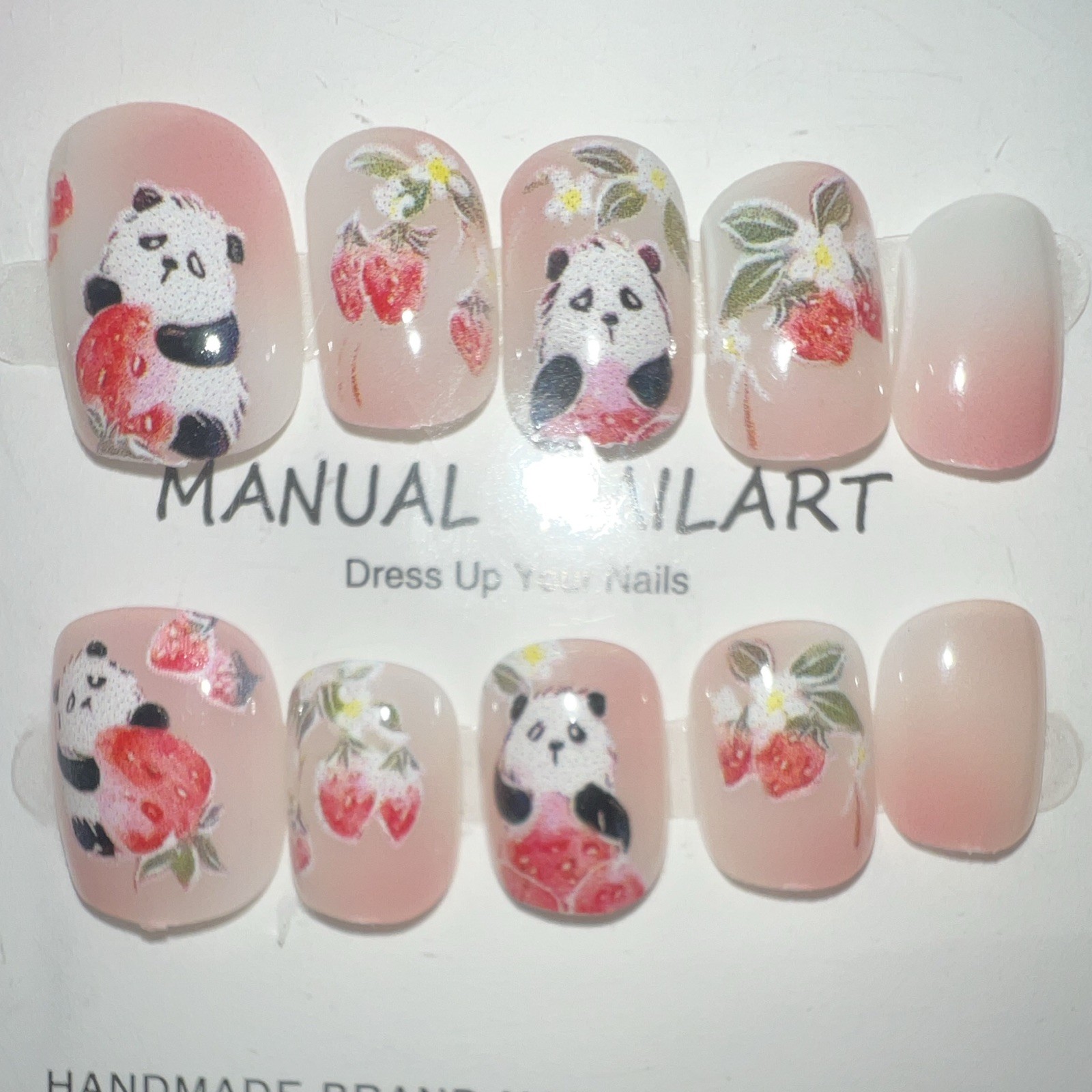 Manual Nailart Short Square Press-On Nails Full Cover Shiny Pink/White Panda