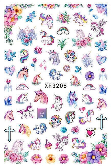 Unicorn Rainbow Love Heart Flower Crown Butterfly Gift 3D Nail Sticker XF3208