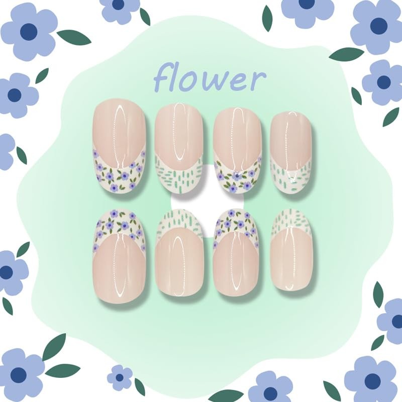 Flower French Tip Press on Nails Short Oval Fake Nails Fall False Nails Gloss…