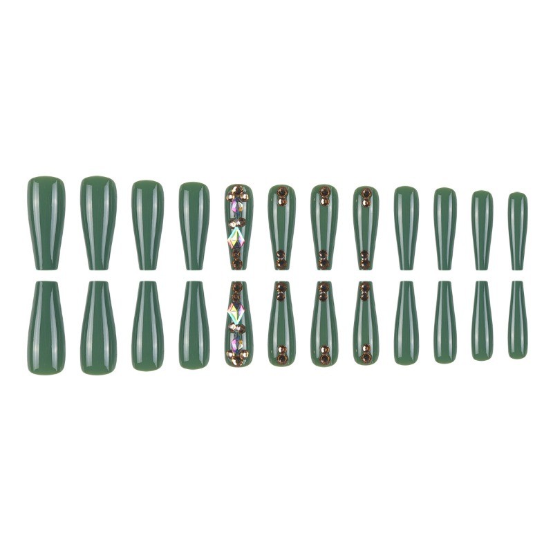 48pcs-Minimalist Green Stiletto Press on Nails with Gold Stud and Gem Accents