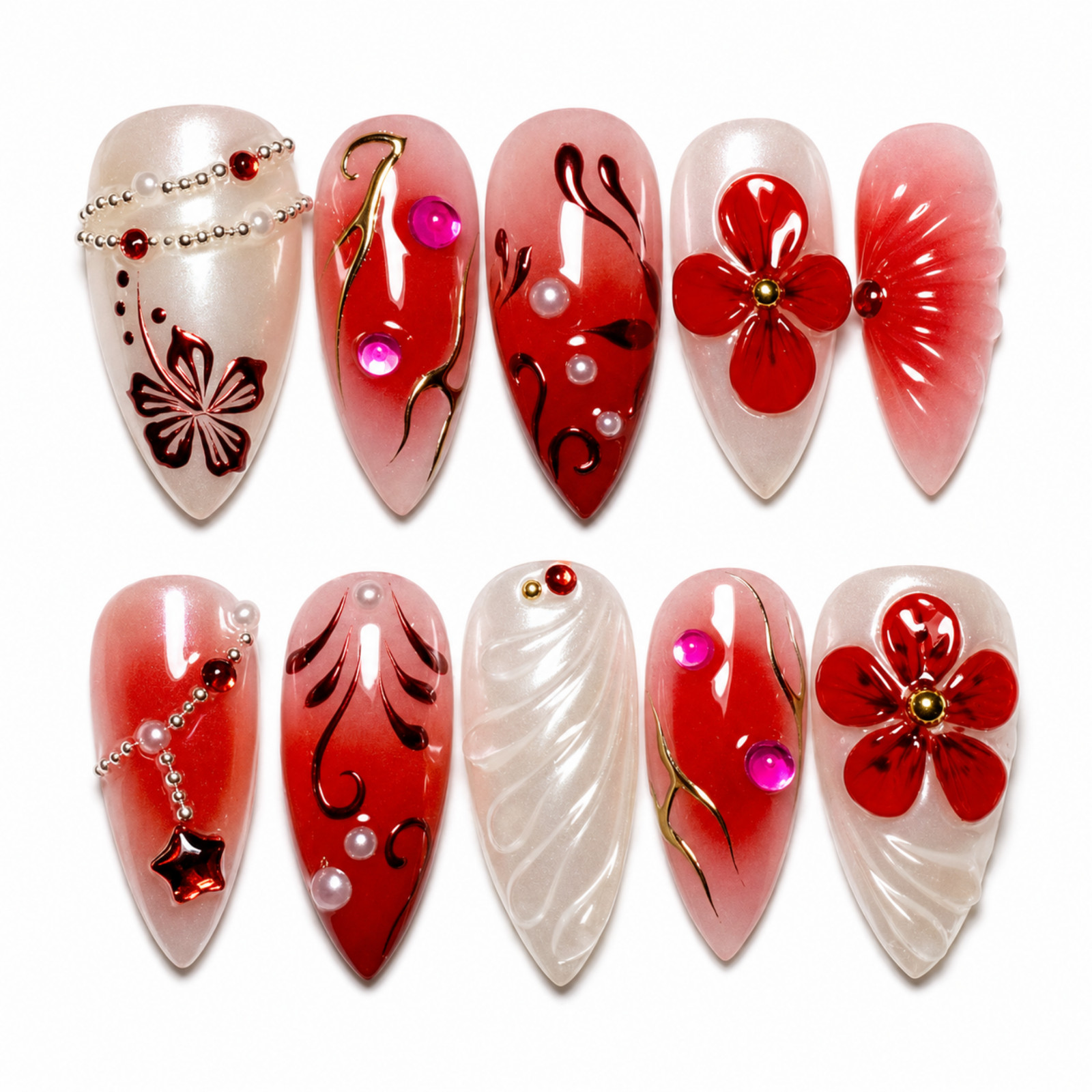 Handmade Red Floral Press On Nails 3D Flower Pearl Rhinestone Set