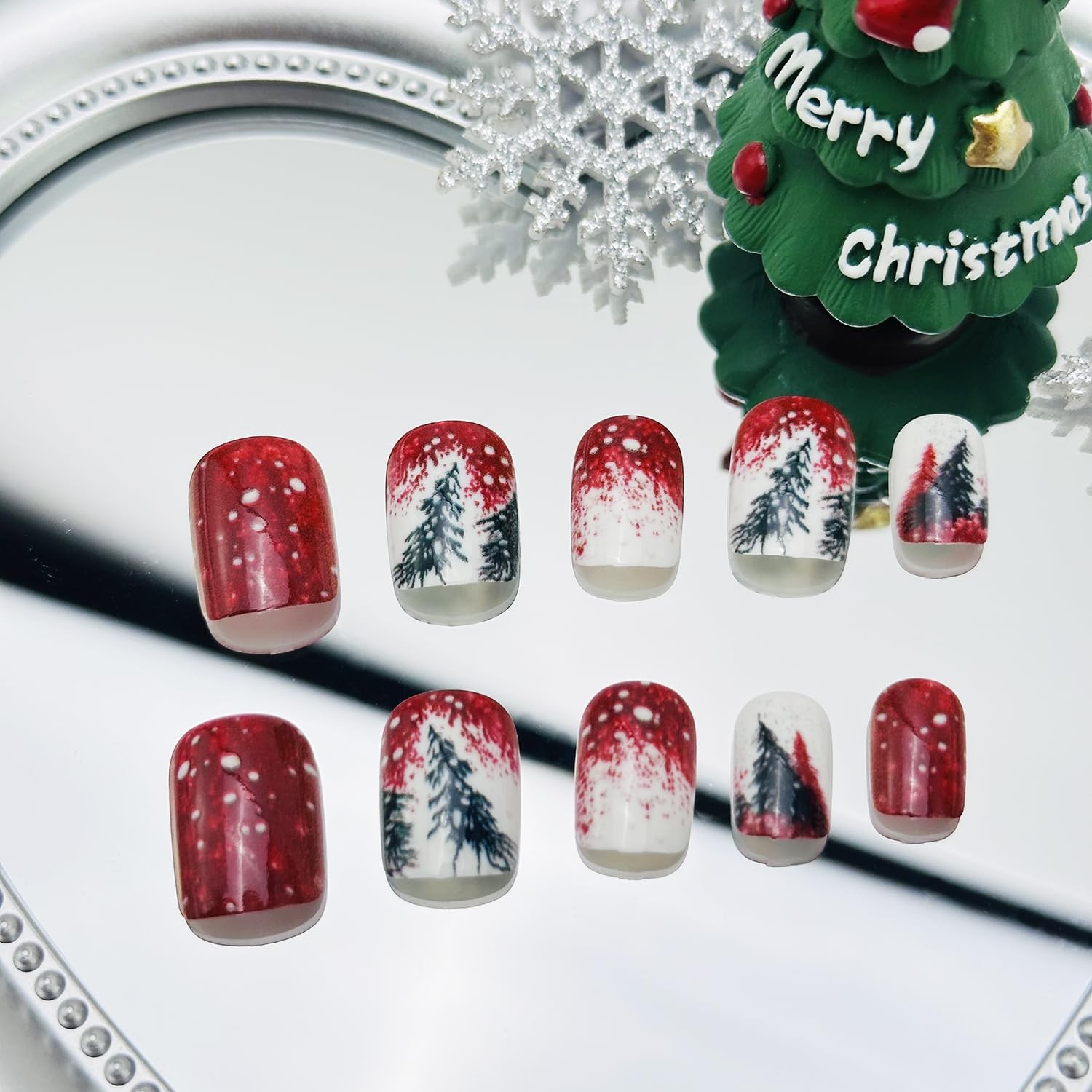24Pcs Christmas Press on Nails Short Square Fake 12 sizes, Multicolor