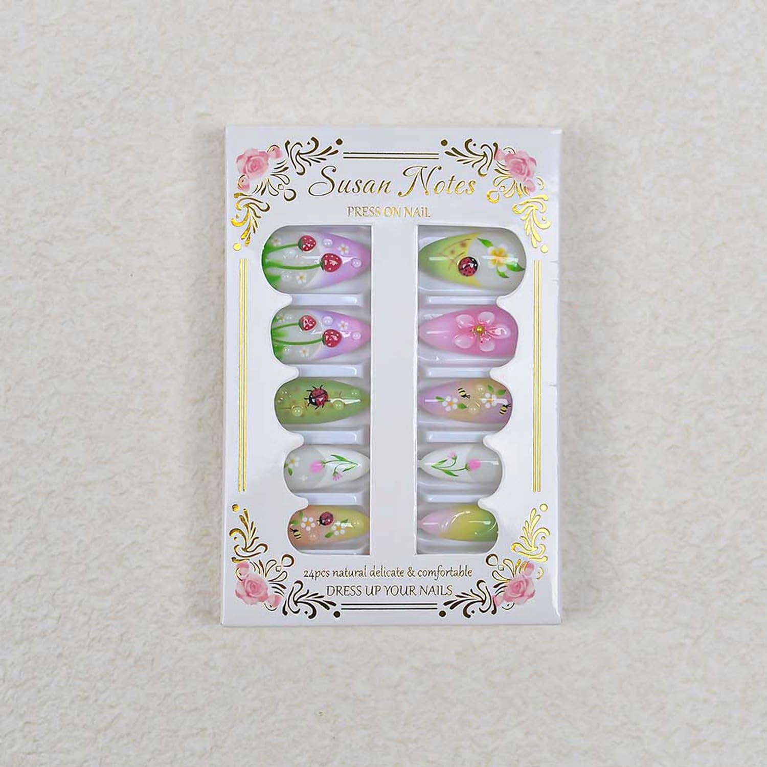 24Pcs Summer Flower Press on Nails Medium Kit Colorful – 3D Ladybug, Strawber…