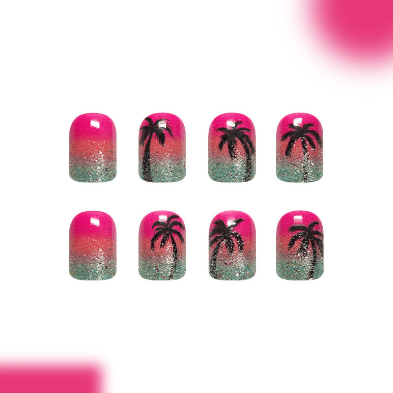 48P Short Square Press on Nails, Sunset Palm Tree Gradient Glitter Fake Nails