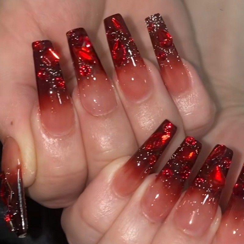 24pcs-Press on Nails Red Ombre Glitter Crystal Rhinestone Long Coffin Nail Set
