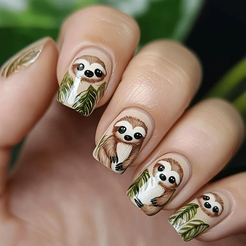48pcs Short Square Press on Nails, Sloth Tree Leaf Hand Paint Cartoon Nails