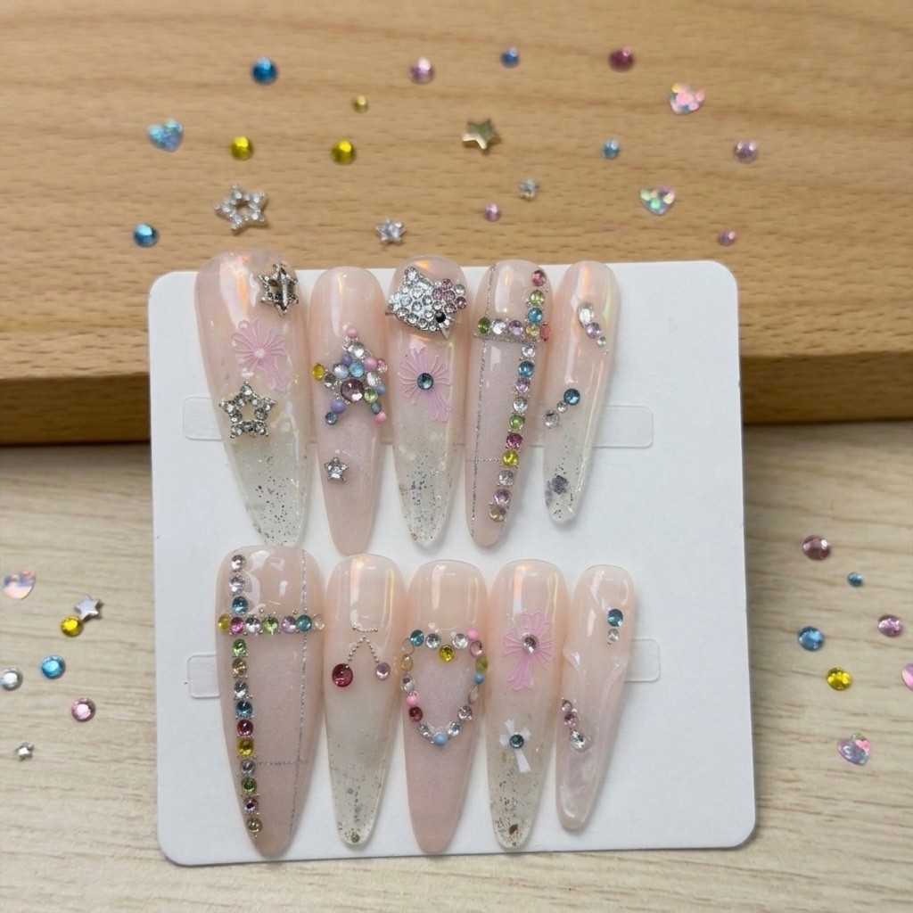 Y2K Kawaii Press On Nails | Colorful Crystal Star & Heart 3D Reusable