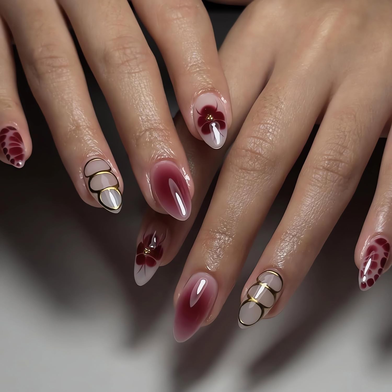 Summer French Tip Press On Nails Flower Design Almond Medium Glossy Fake Nails