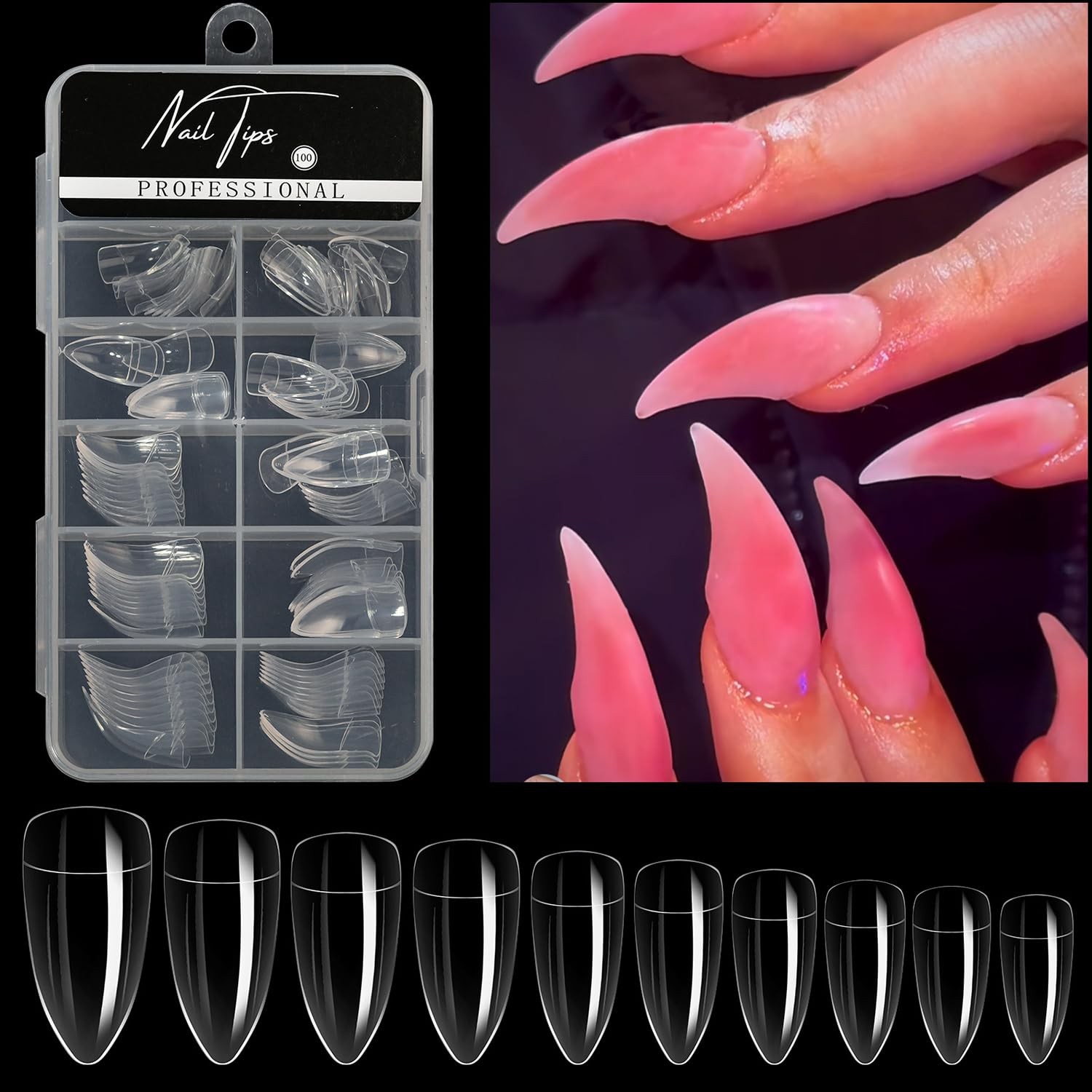 Halloween Nail Tips Curved Stiletto, Clear Gel x Extension kit Full Cover to …