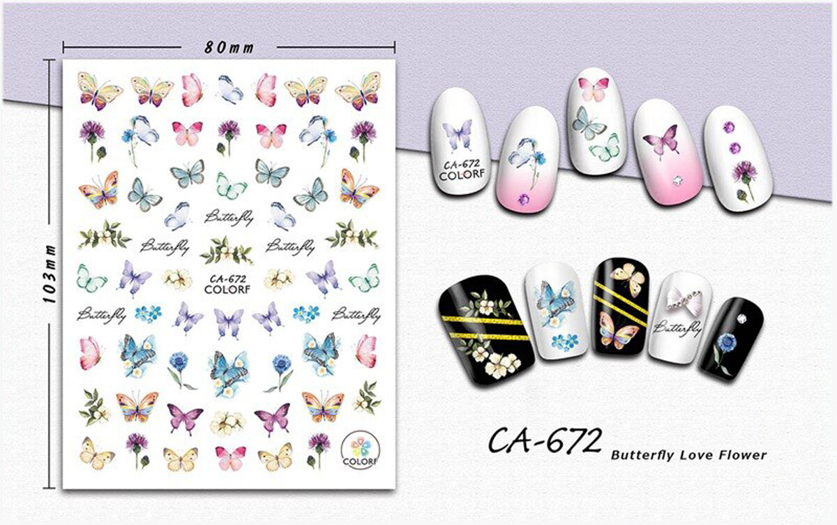 Nail art 3D stickers decal blue green rainbow butterfly white blue flower CA672
