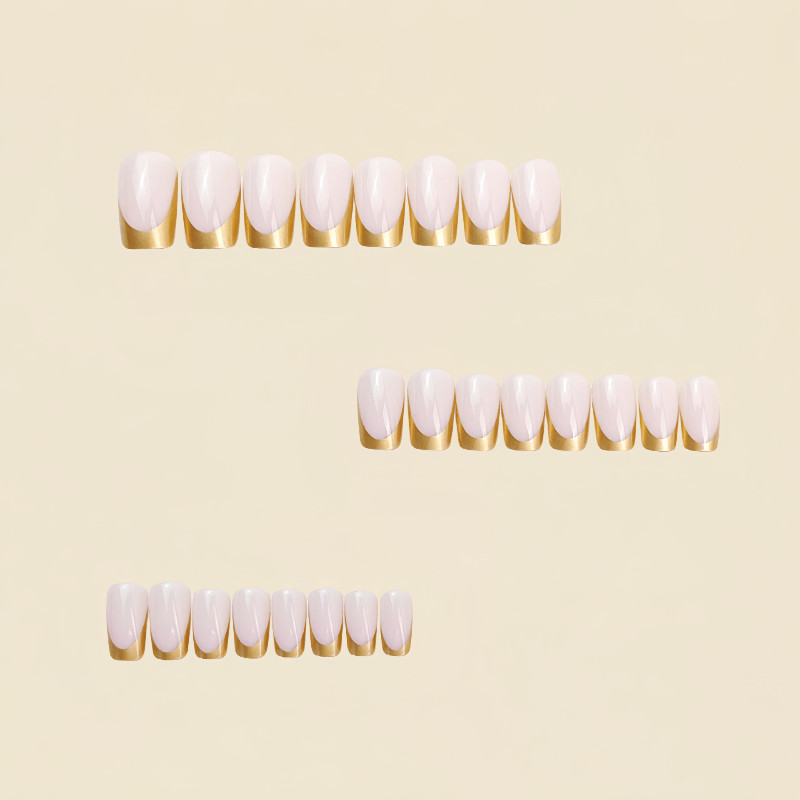 48pcs Short Square Handmade Press‑On Nails, Milky White Thin Gold French Tip