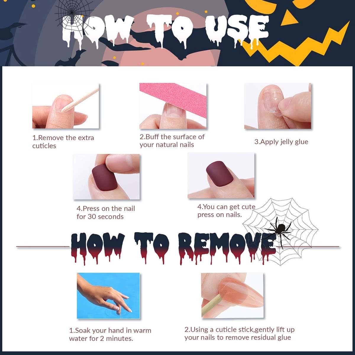 Halloween Press on Nails Long Square Fake Black Spooky Long, Style-A