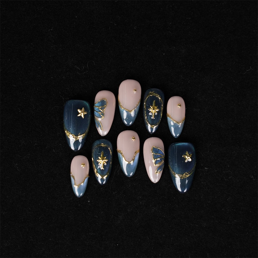 Handmade Gold Star Press on Nails Blue Nude Medium Almond Butterfly Ombre Accent