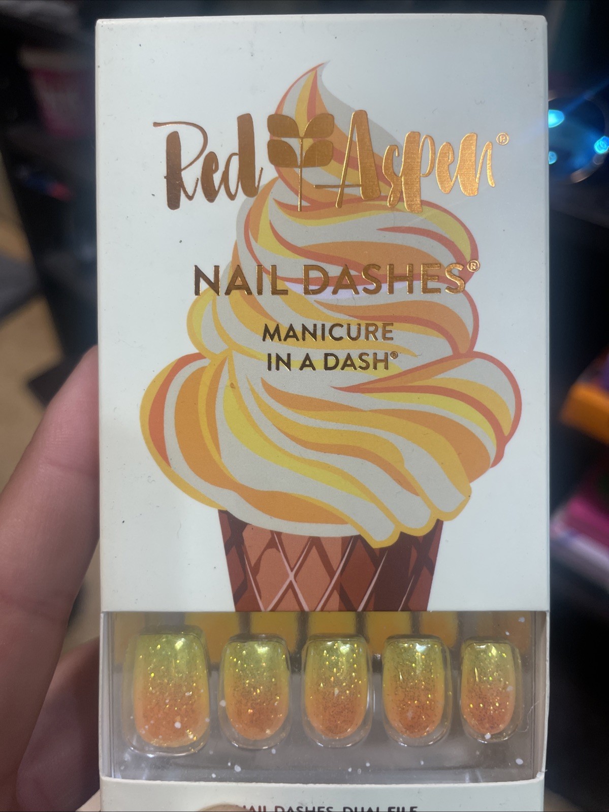 Red Aspen Nail Dash Set. Mango Pineapple Swirl Melissa. Medium LengthNew In Box.