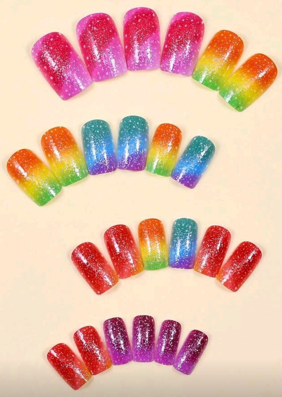 Press-On Nails Summer Multi-Color Rainbow Bright Medium Coffin Textured Glitter