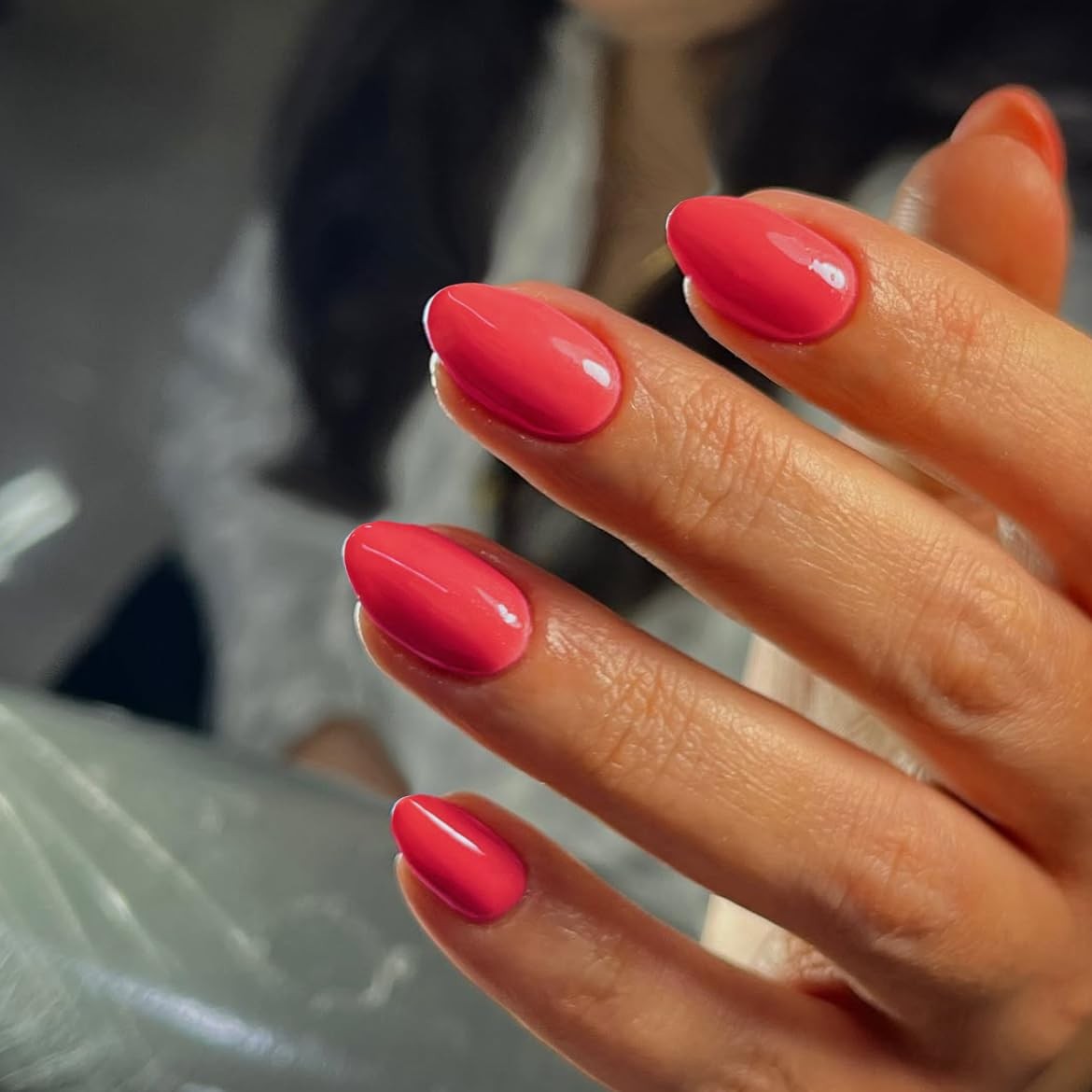 Coral Press On Nails Short Oval,KQueenest Thick 24 pieces, glossy coral