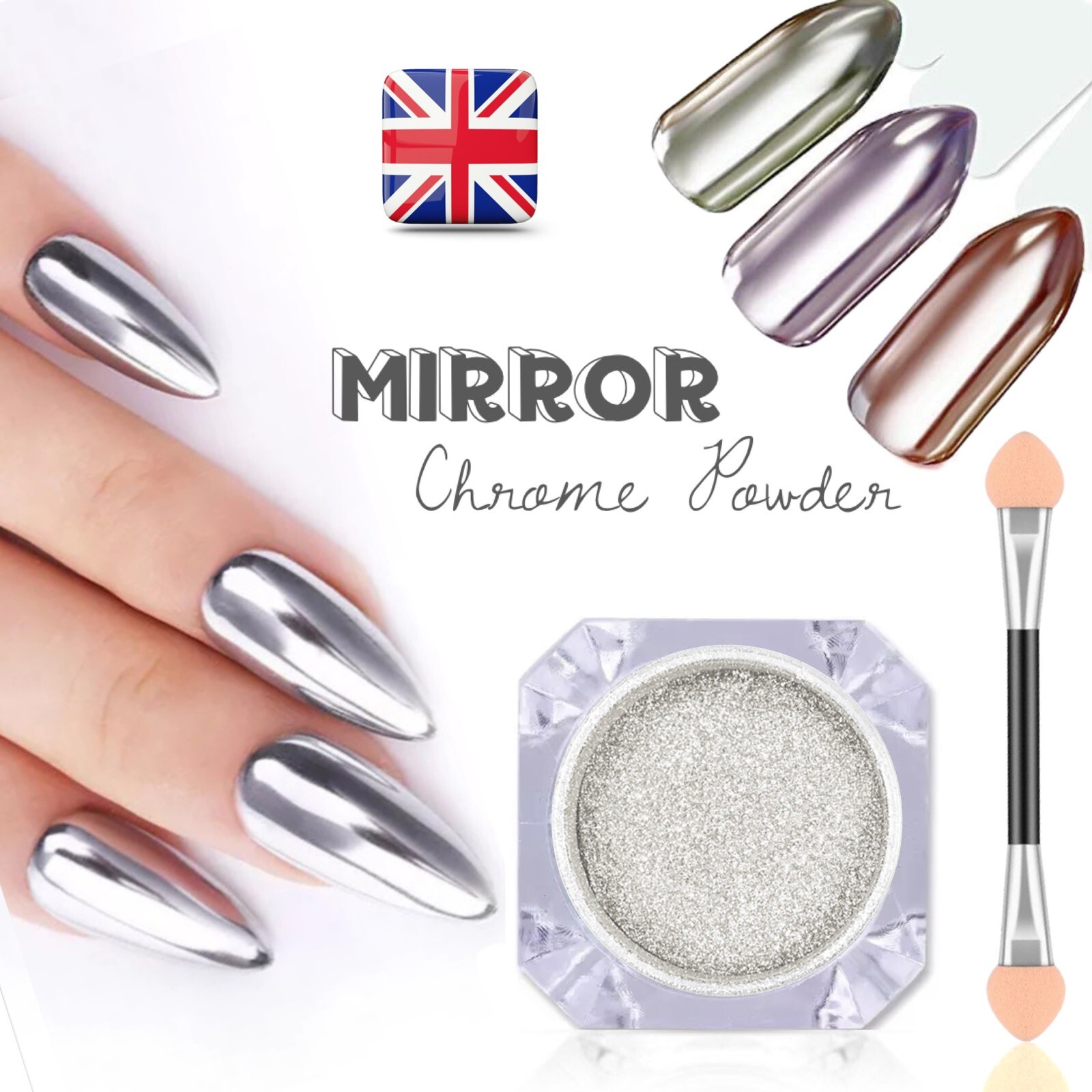 Silver Mirror Nail Chrome Powder Shimmer Super Glass Effect Decoration + Brush