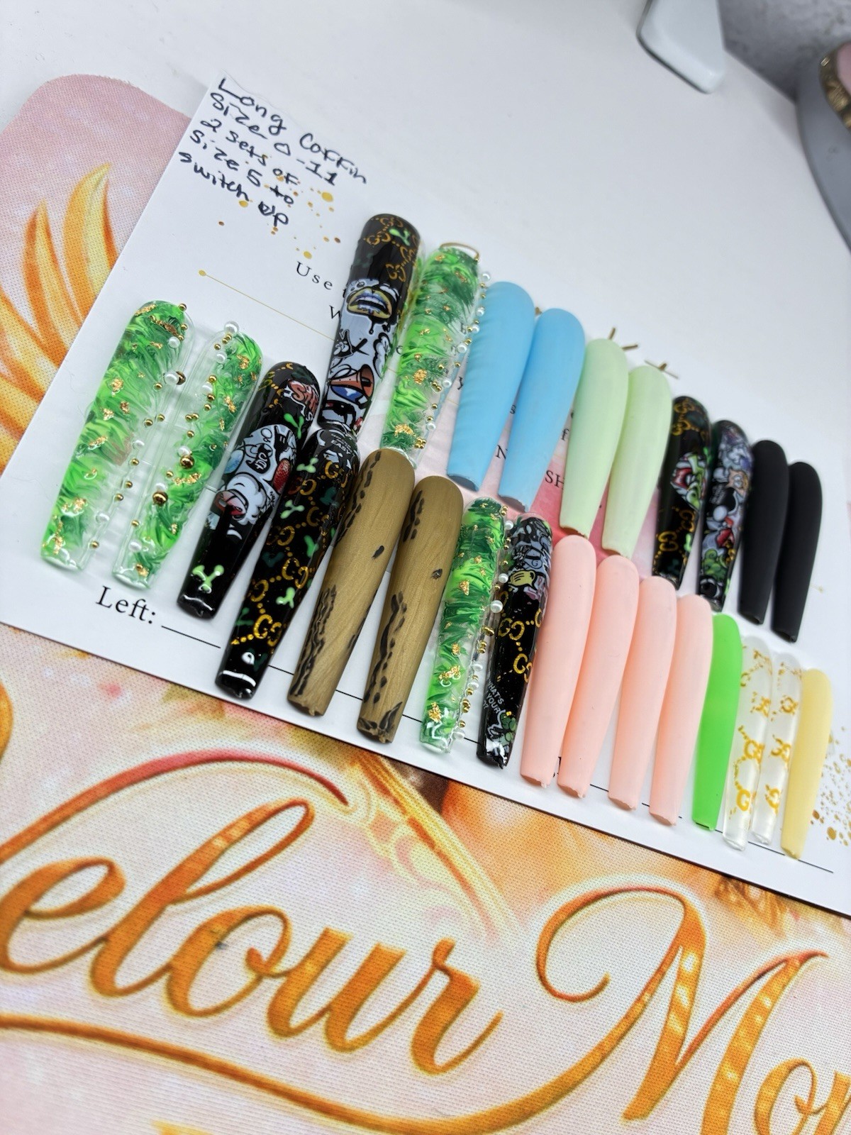 Long Coffin Press-On Nails Matte & Glossy Mixed Set Sizes 0–11 Luxury Nail Art