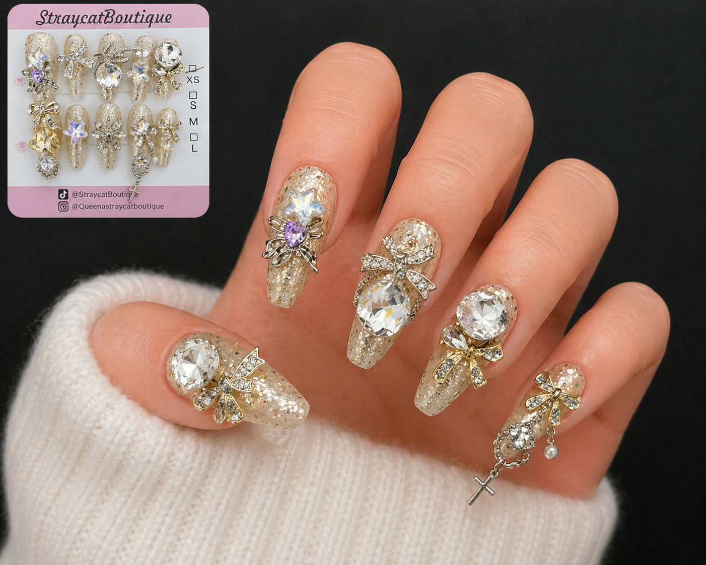 Straycat Boutique Gold Rhinestone Press On Nails 3D Bow Crystal Glam Bridal XS