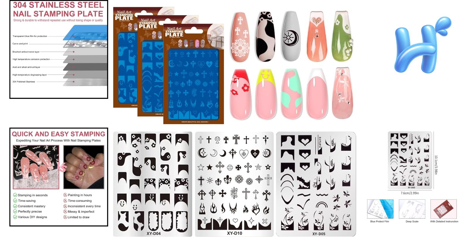 Reusable Nail Art Stamping Plates Set – 3 Stainless Steel Templates 4×2.8 inches