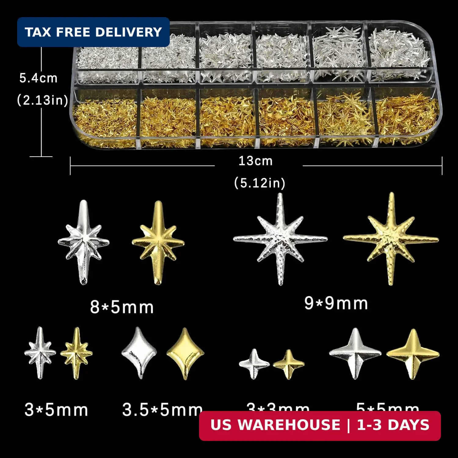2500Pcs Star Nail Charms, Silver & Gold Nail Charms Bulk for DIY 3D Nail Art Cha