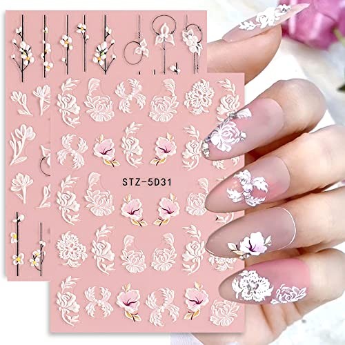 5D Spring Embossed Flower Nail Art Stickers 4 Sheets Real Self-Adhesive