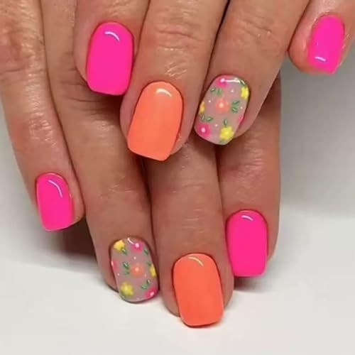 6 Packs (144 Pcs) Flower Press on Nails Short Square Fake Nails Floral Style-8