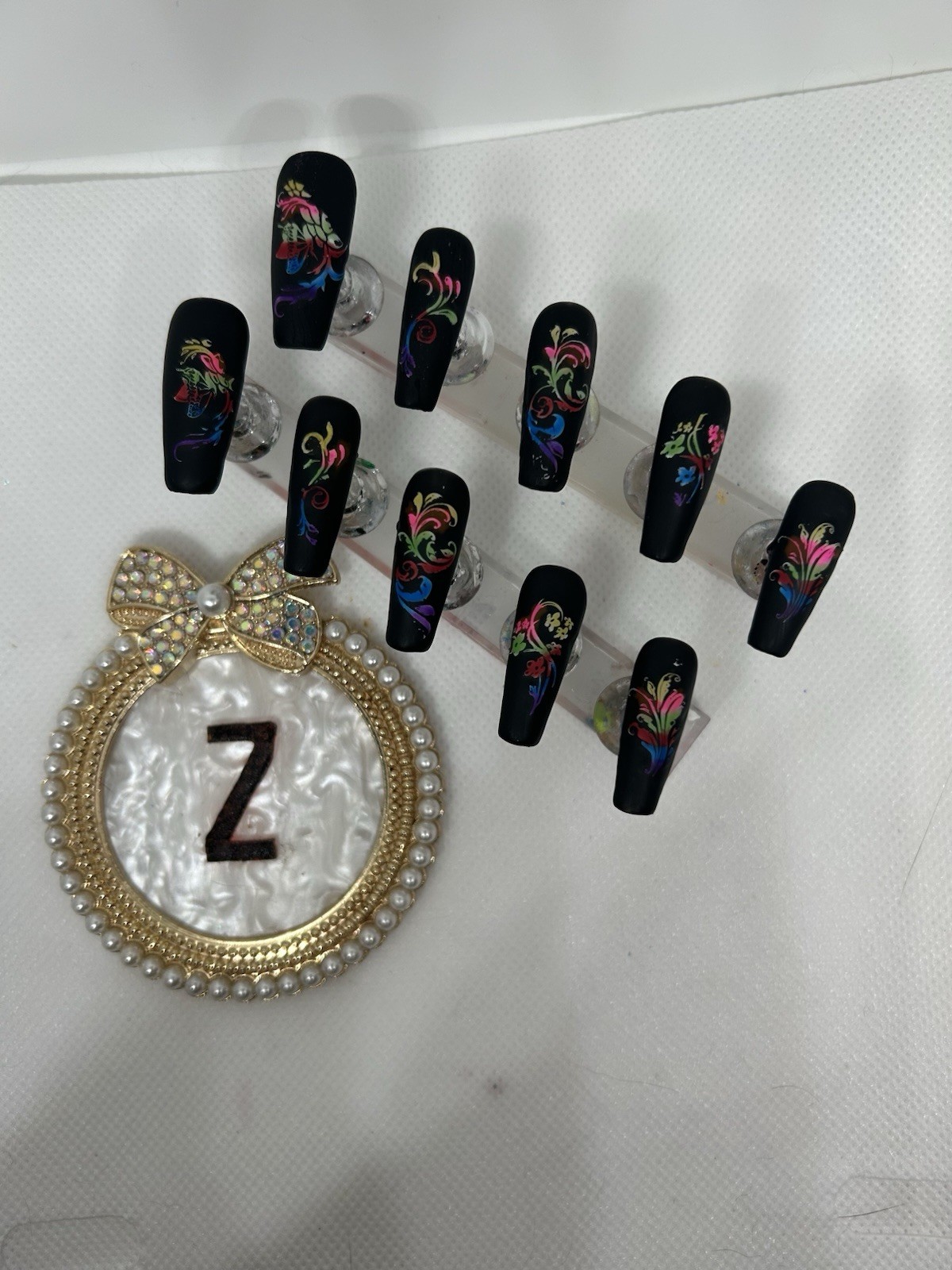 Z NAILZ! Handmade Matte Black M Coffin White W/Rainbow Scroll Designs Press Ons