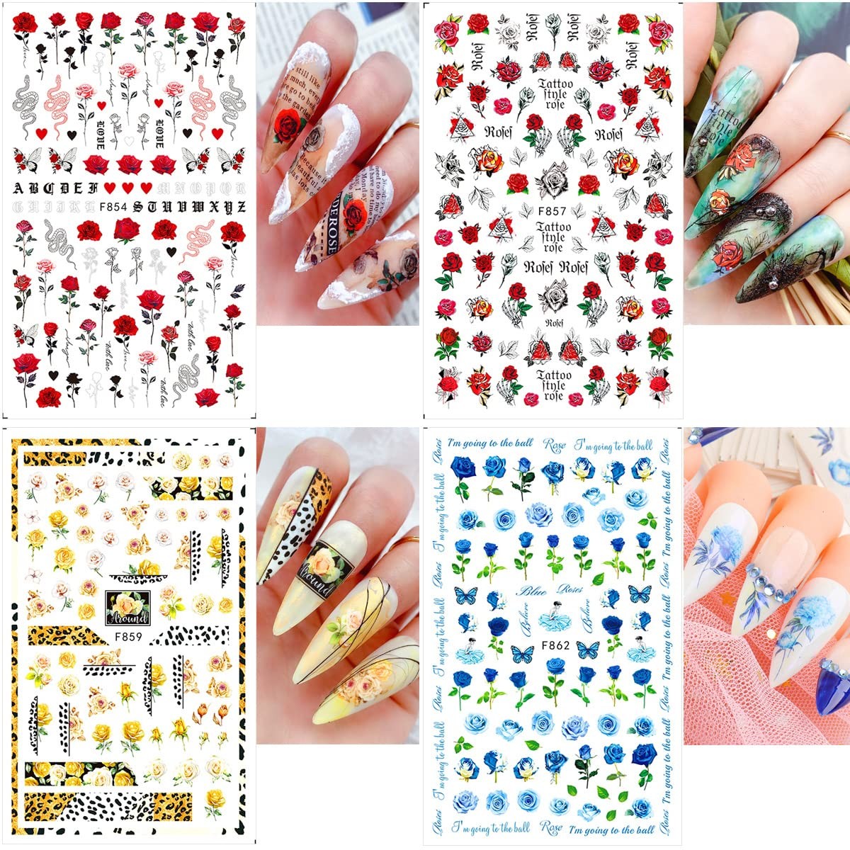 6 Sheets Flower Nail Art Stickers 3D Blue Pink Red Rose Nail Decals Spring Su…