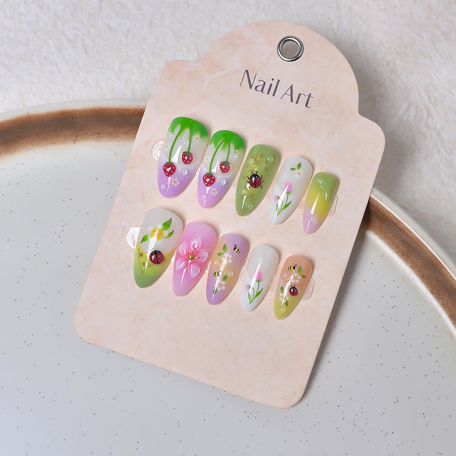 24Pcs Summer Flower Press on Nails Medium Kit Colorful – 3D Ladybug, Strawber…
