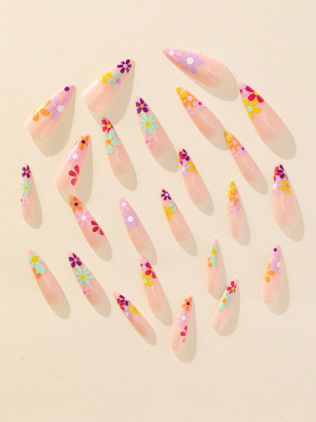 24pcs Long Almond Multicolor Flower Fake Nail Kit False Nails Press On Nails