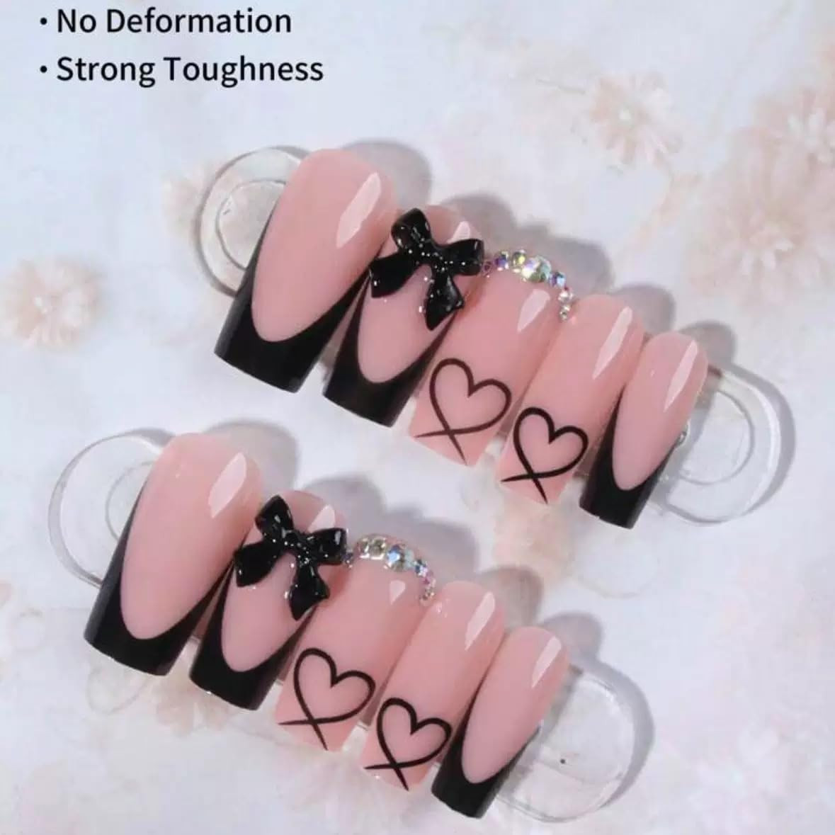 Medium Press on Nails Coffin – Black French Tip Fake Nails with Bow Charms Desig