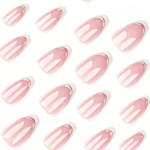 24Pcs Medium Almond White French Tip Double Gold Line Nude Short Style-30