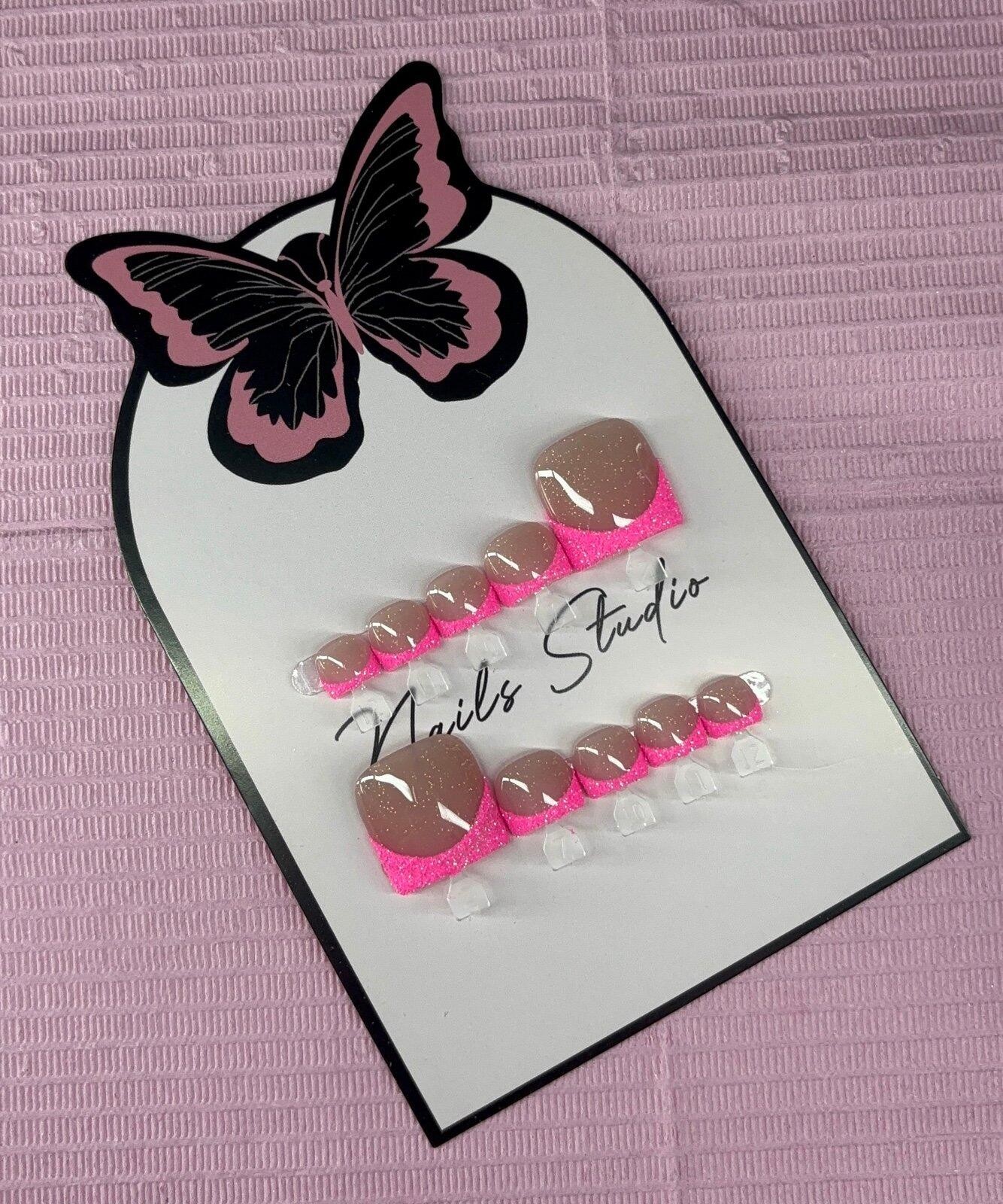 Press on toenails pink glitter French tips handmade custom builder gel nude