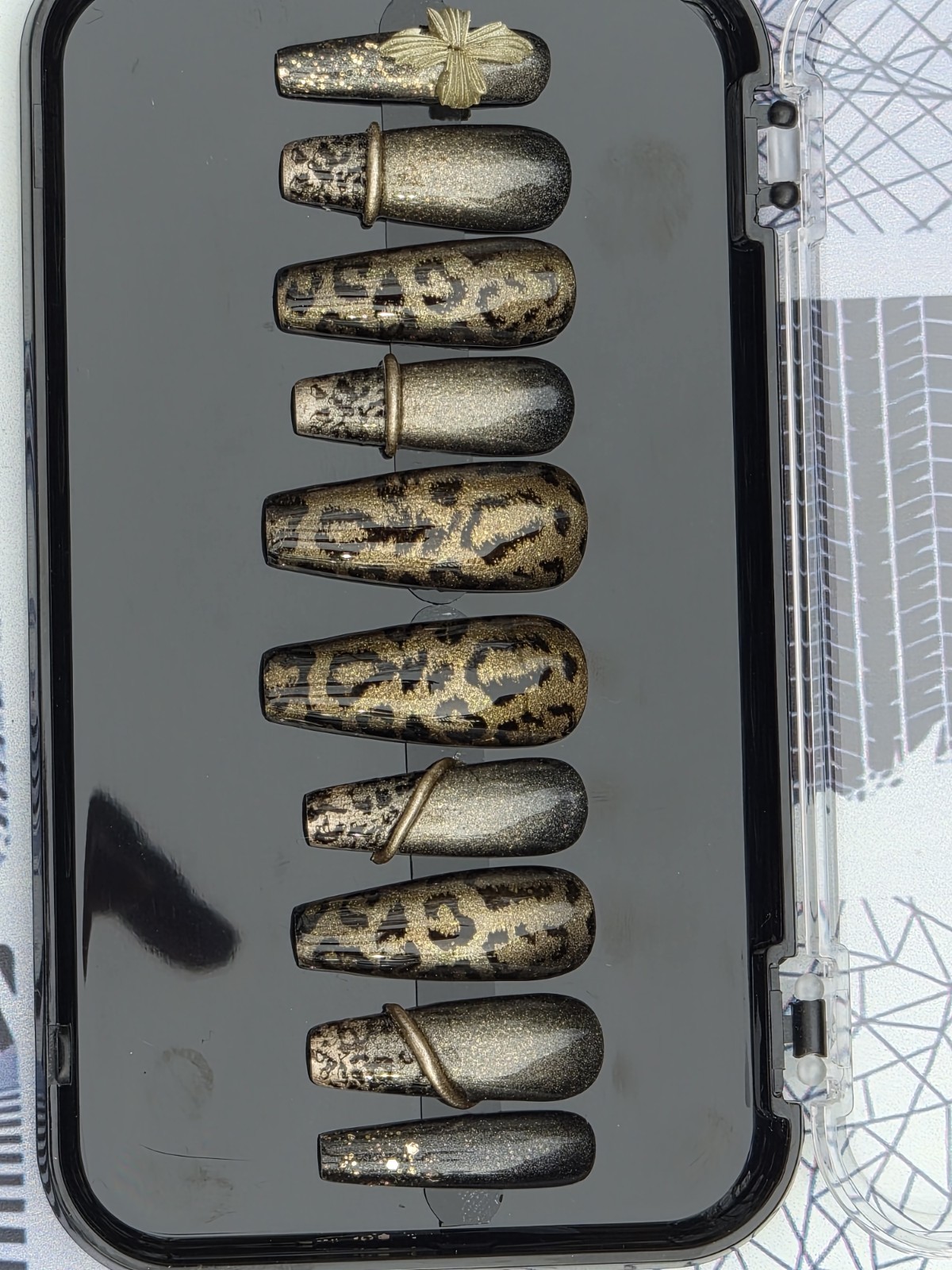 Gold Black Glitter Leopard Coffin Press-On Nails Pre-Designed Full Cover