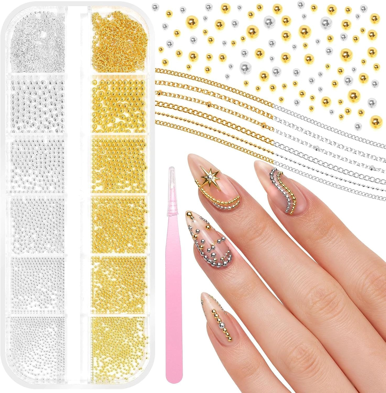 Silver Caviar Nail Beads 0.8-2Mm, Nail Chains & Metal Beads Acrylic Nails