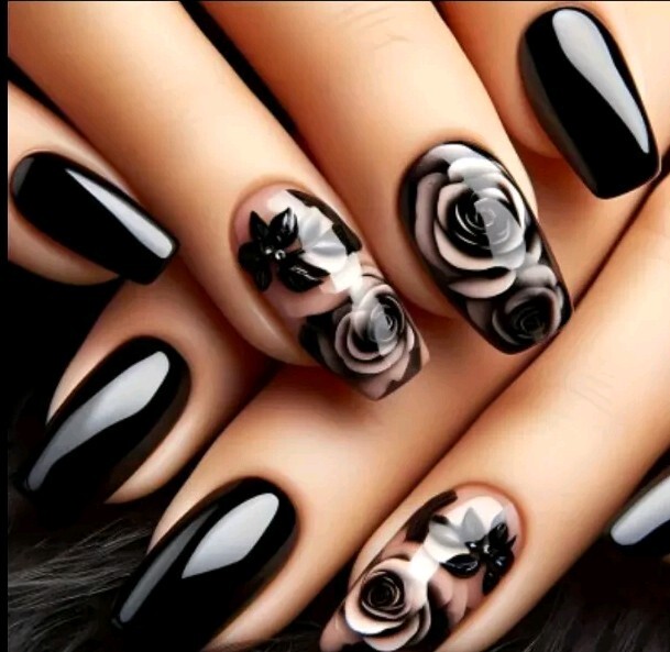 Rose Black Press-Glue On Fingernails Medium Reusable NEW