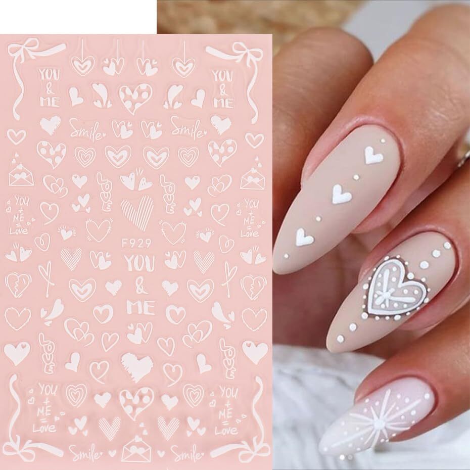 Valentine Heart Nail Art Stickers White Valentine’s Day Nail Decals 3D Self A1