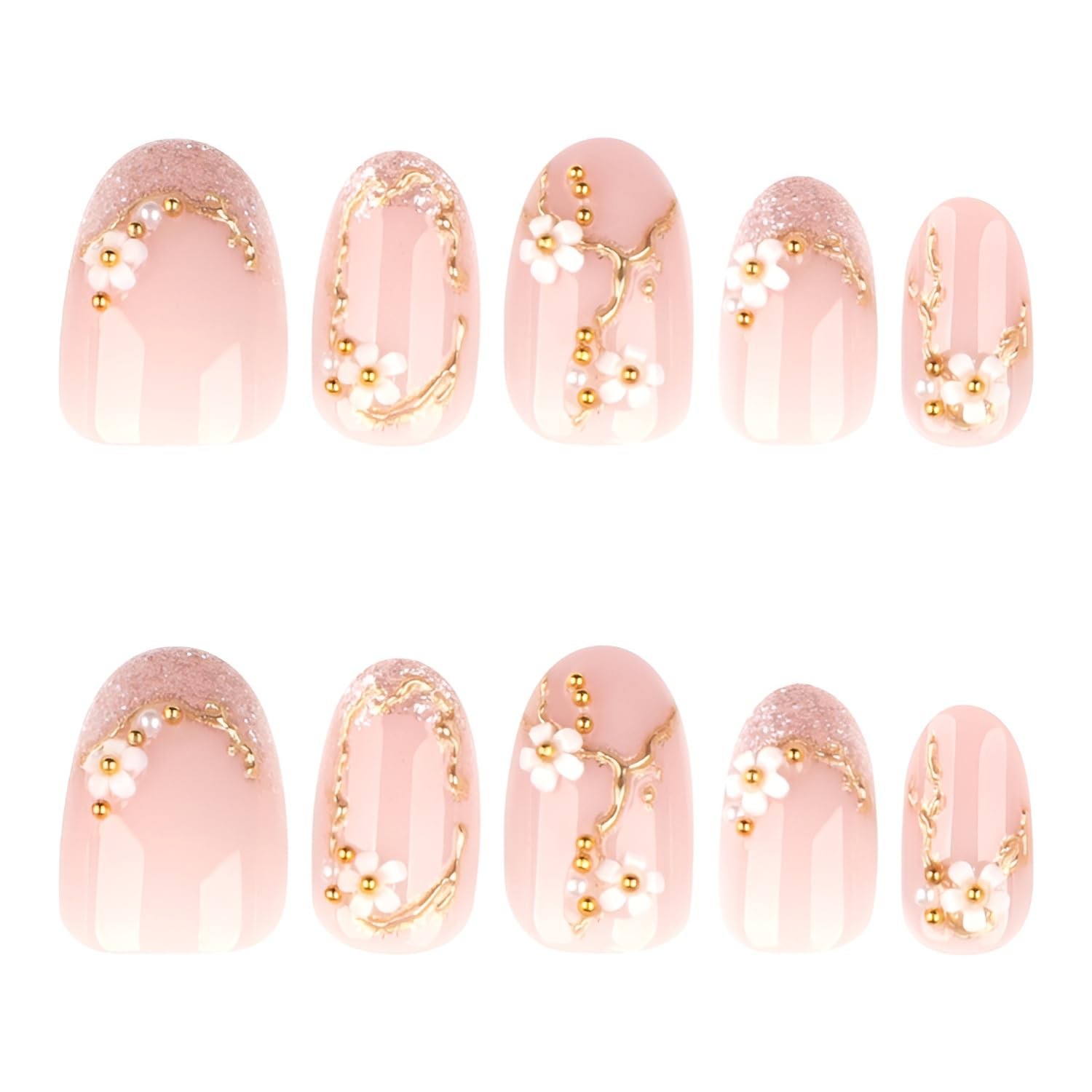 Flower Press on Nails Short Almond Fake Nails Glitter French Tip White Flower 1