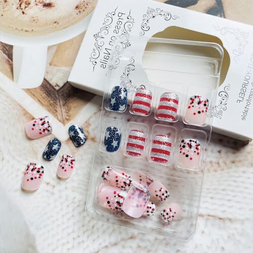4th of July Press on Nails Short Square Independence 4th of July False Nails-24
