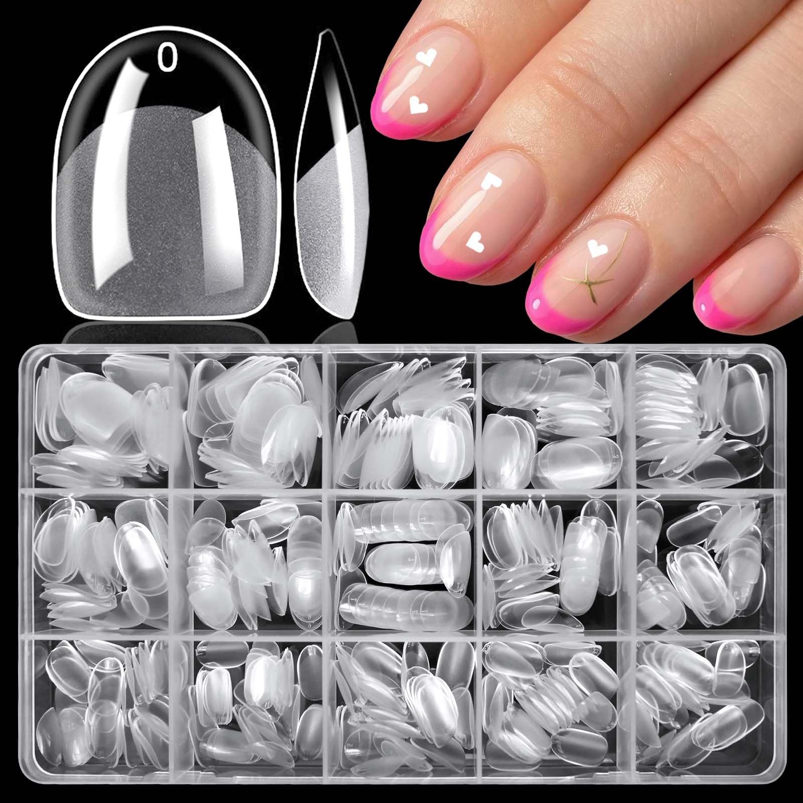 360pc Extra Short Oval Nail Tips Clear Fake Nails XS Round Almond Gel Nail Ti…