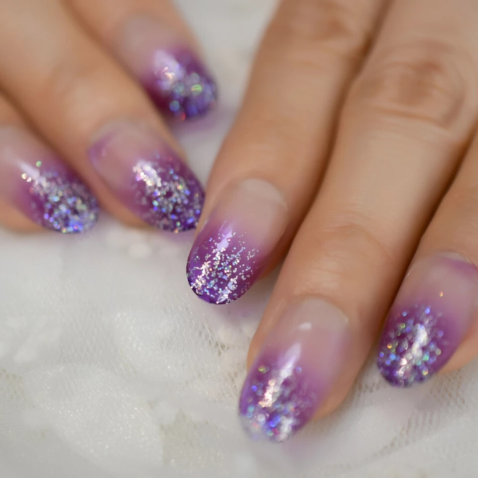 24 Medium Press on Nails kit glue on grape jelly ombre glitter clear