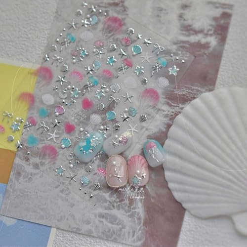 2Pcs Summer Nail Stickers for Nails Art,Extra Shiny shell starfish gold silver