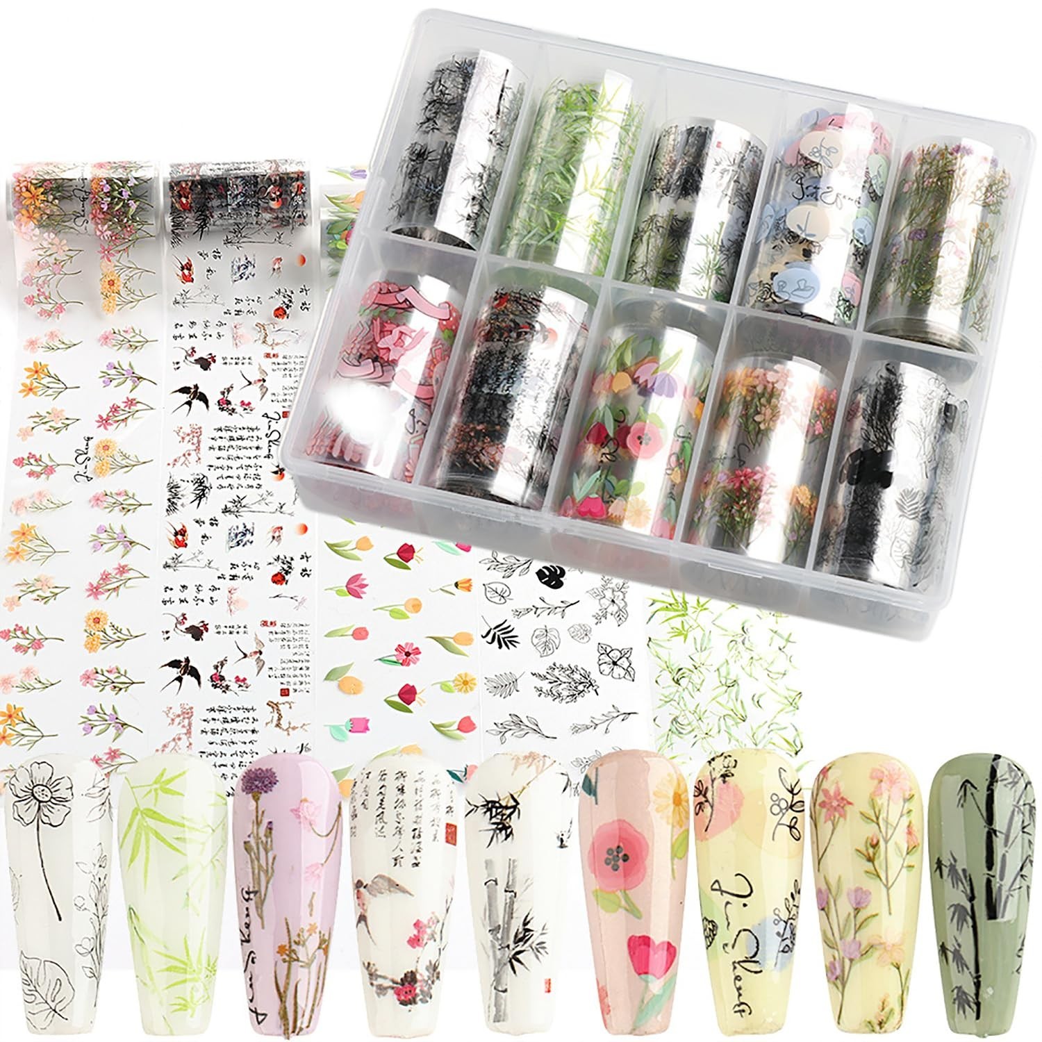 JERCLITY 10 Rolls Flower Nail Foil Transfer Sticker Kit Bamboo Ink Painting P…
