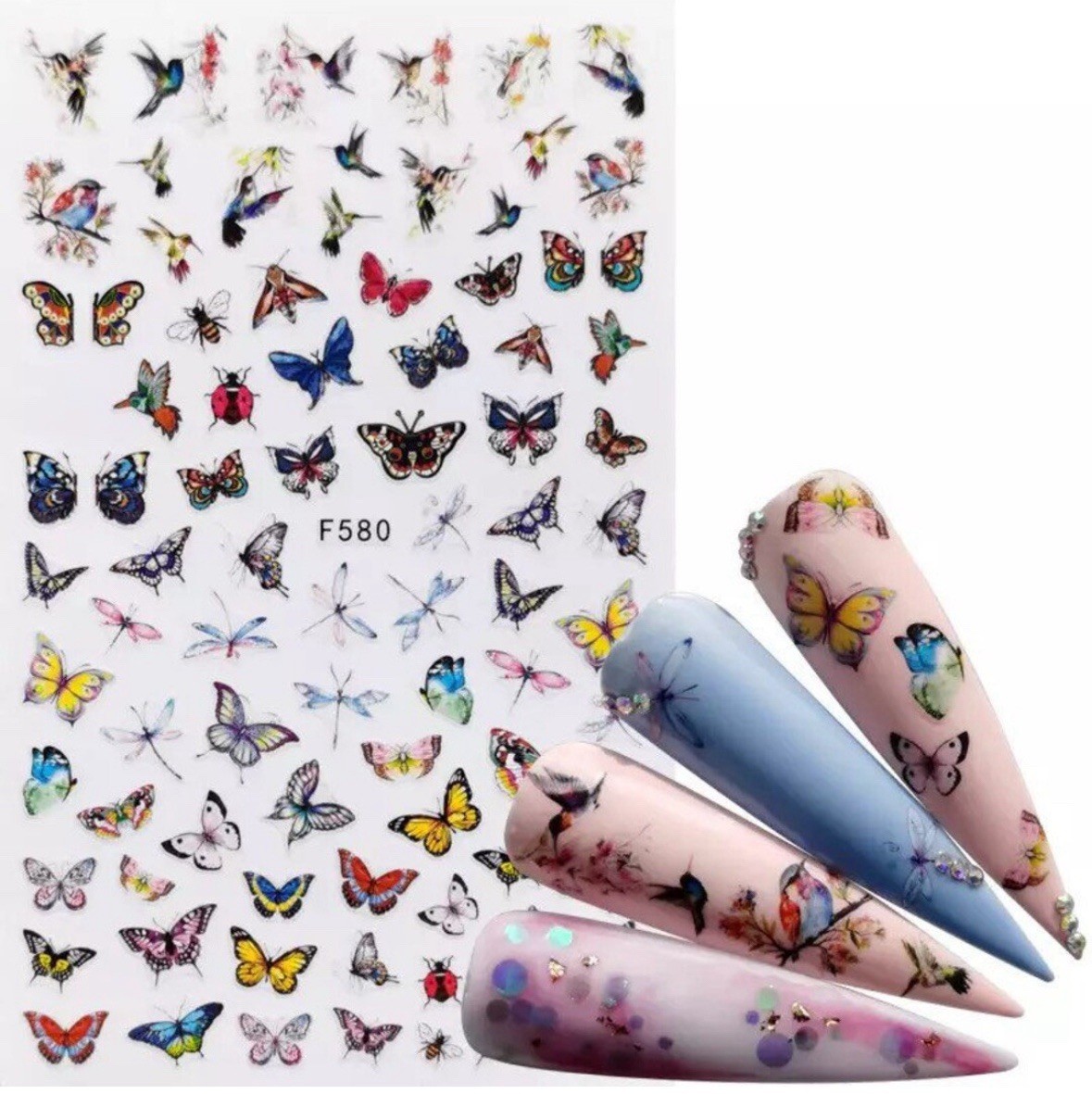 Nail Art Stickers ASSORTED MULTICOLOURED BUTTERFLIES & BIRDS F580