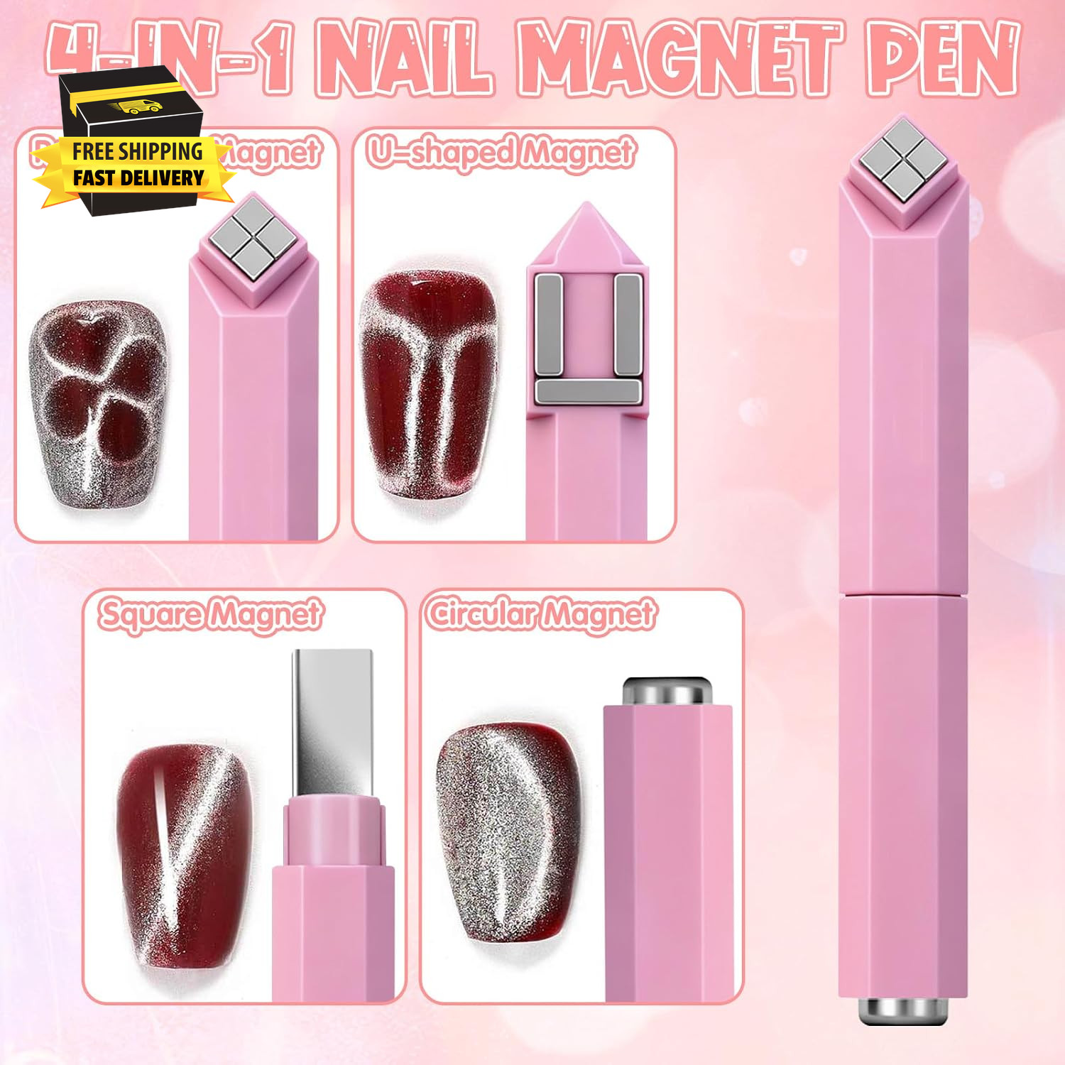 4Pcs Cat Eye Magnet Kit with 4-In-1 Pen & Design Stencils: Cat Eye Nail Polish M