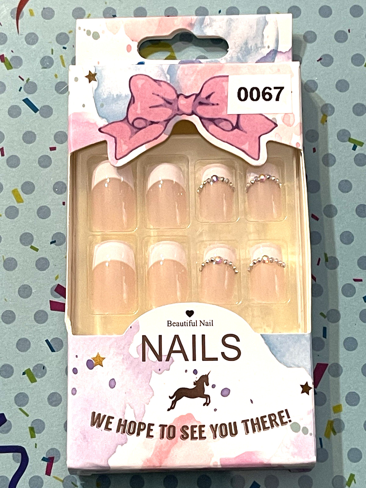 Beautiful Nails NUDE with WHITE FRENCH TIP & RHINESTONES Press On Manicure NIB