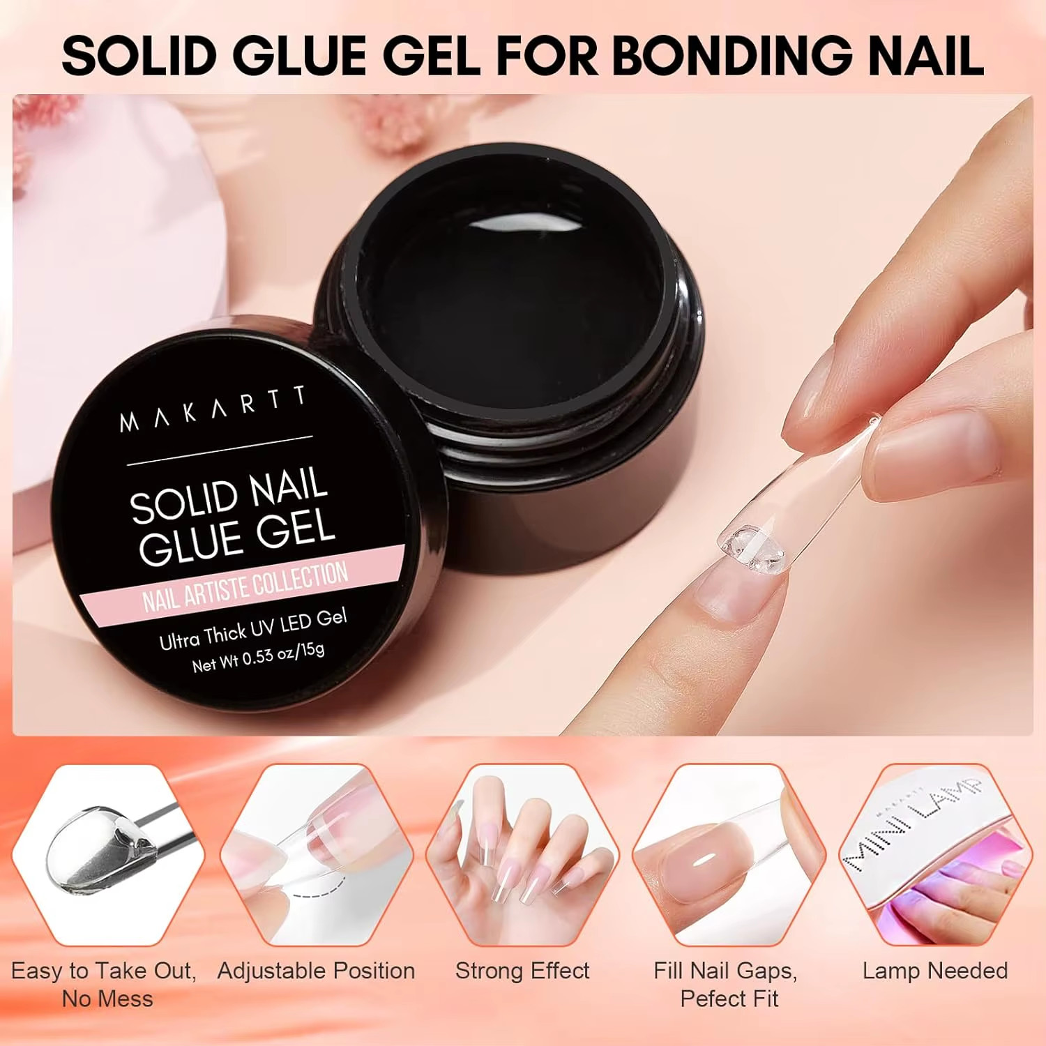 Solid Nail Gel for Acrylic Nail Tips Glue Gel Curing Needed UV Cured for Press o