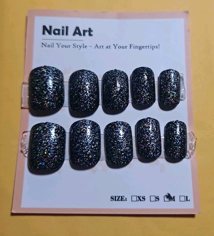 Nail Art 10PCS Medium Short Round Black With Glitter Nails