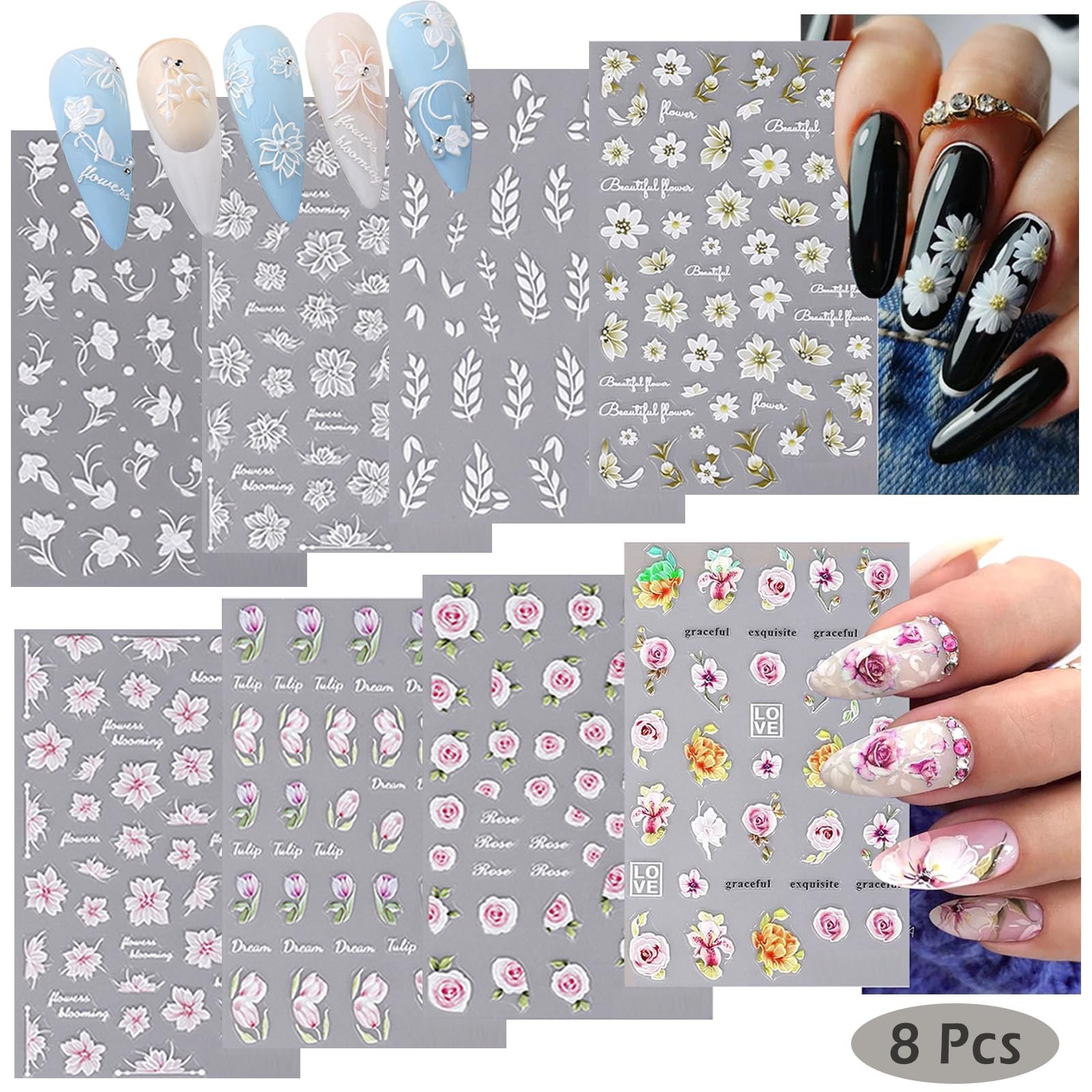 8 Pcs Self-Adhesive Nail Stickers, 5D Embossed Engraved Flower Nail Art Stick…